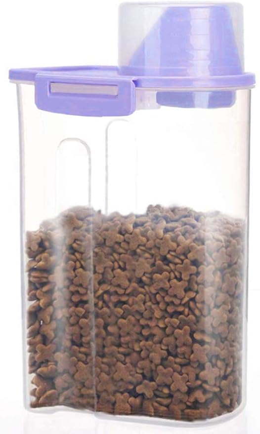 Pet Food Storage Container with Measuring Cup, Pour Spout and Seal Buckles Food Dispenser for Dogs Cats (Purple)