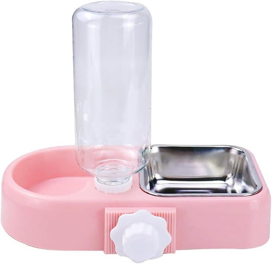 Hanging Dog Bowls, Cage Automatic Cat Food and Water Bowl Set with Water Dispenser and Stainless Steel Bowl, Detachable Gravity Pet Feeder and Waterer Set for Cats Dogs Puppy Rabbit (Pink)