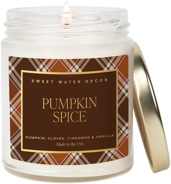 Sweet Water Decor Pumpkin Spice Candle, Autumn Scented Notes of Pumpkin, Cloves, & Buttercream, 40+ Hour Burn Time, Non-Toxic Soy Wax Blend, Poured in the USA, Cotton Wick, 9oz Glass Jar with Gold Lid