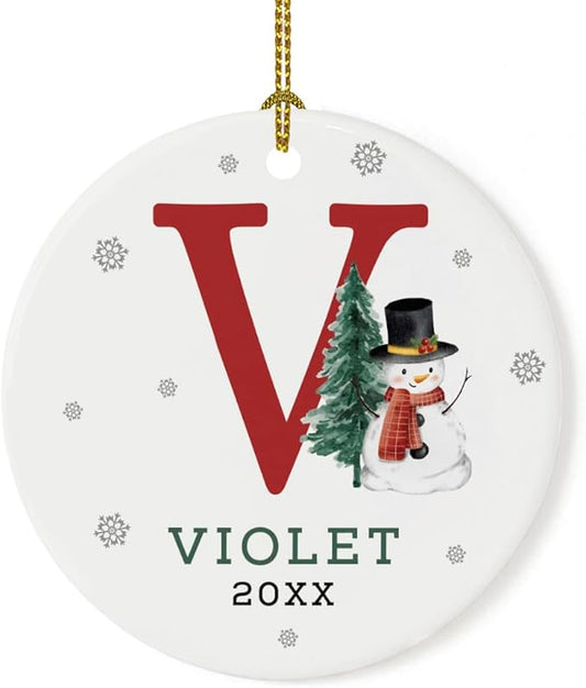 Andaz Press Personalized Ornament, Custom Name, Initial V Monogram Snowman 2.8" Ceramic Porcelain 2025 Christmas Ornament Keepsake for Kids, Boys, Girls, Includes Gold Ribbon & Gift Box, 1-Pack