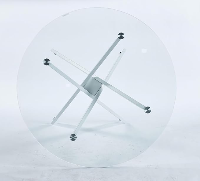36" Round Dining Table for 4, Modern Clear Glass Kitchen Table for 4 with White X Metal Legs, Contemporary Small Circle Dining Room Leisure Tables for Kitchen Apartment