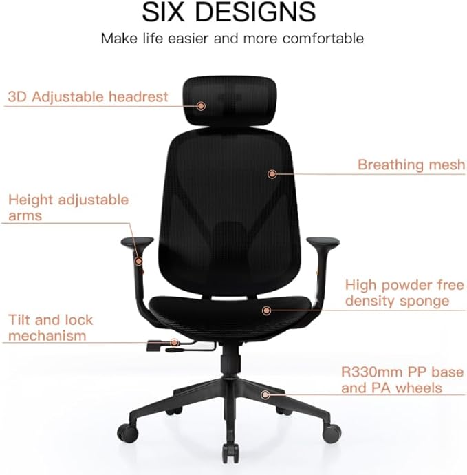 Mesh Office Chair – Ergonomic Office Chair with Lumbar Support, 3D Adjustable Headrest & Sliding Soft Seat Cushion – Holds Up to 270lbs (Black)
