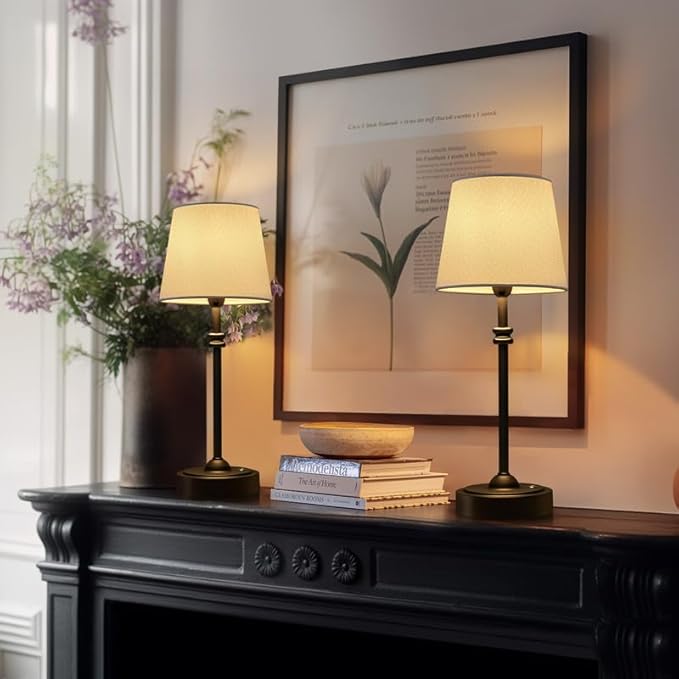 ONEWISH Cordless Table Lamps Set of 2 - Battery Powered Lamp, 4000mAh Rechargeable, Stepless Dimmable, Wireless Lamp with Fabric Shade, Warm Ambient Light for Bedside, Dining, Patio, Bathroom(Black)