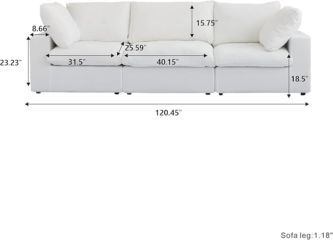 120.45" Cloud Modular Sectional Sofa with Thick Cushion, Minimalist Sofa Couch,Convertible Sofa Deep Seat Couches for Living Room Sofa Sets (White, 3 Seater)