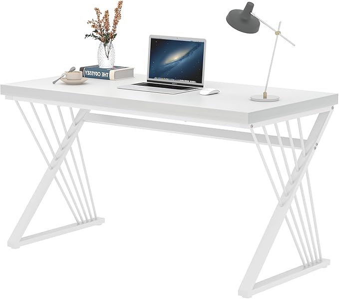 FOLUBAN White Desk, Modern Wood and Metal Computer Desk for Home Office, Simple Writing Work PC Desks for Bedroom, Industrial Study Gaming Table for Living Room, White, 47 Inch