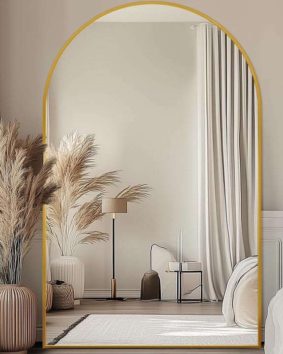 Full Length Mirror, 72"x44" Floor Mirror Freestanding, Oversized Floor Standing Mirror Full Body Mirrors with Stand for Bedroom, Hanging Mounted Mirrors for Living Room Cloakroom, Gold, Arched