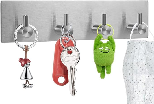 Picowe Key Holder for Wall Decorative, Adhesive Stainless Steel Key Hooks, Key Hanger Key Organizer for Wall, Towel Hook Coat Hanger for Entryway Hallway Kitchen(Four Rows,Sliver 1PCS)