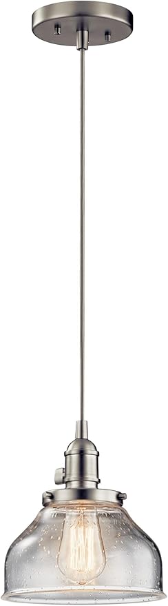 Kichler Avery 1-Light Bell Mini Pendant in Brushed Nickel, Clear Seeded Glass, (8.5" H x 8" DIA), 43850NI