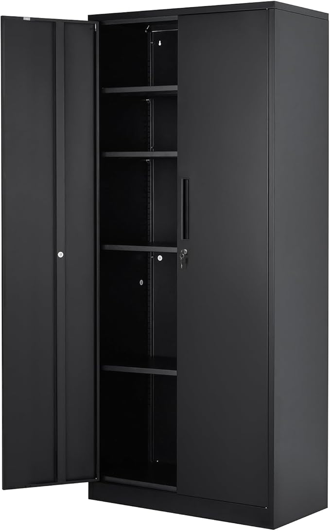 VEVOR Metal Storage Cabinet, Steel Locking Storage Cabinet with 2 Magnetic Doors and 4 Adjustable Shelves, 71'' Metal Cabinet 200 lbs Capacity per Shelf with 3 Keys, for Office, Home, Garage, Black