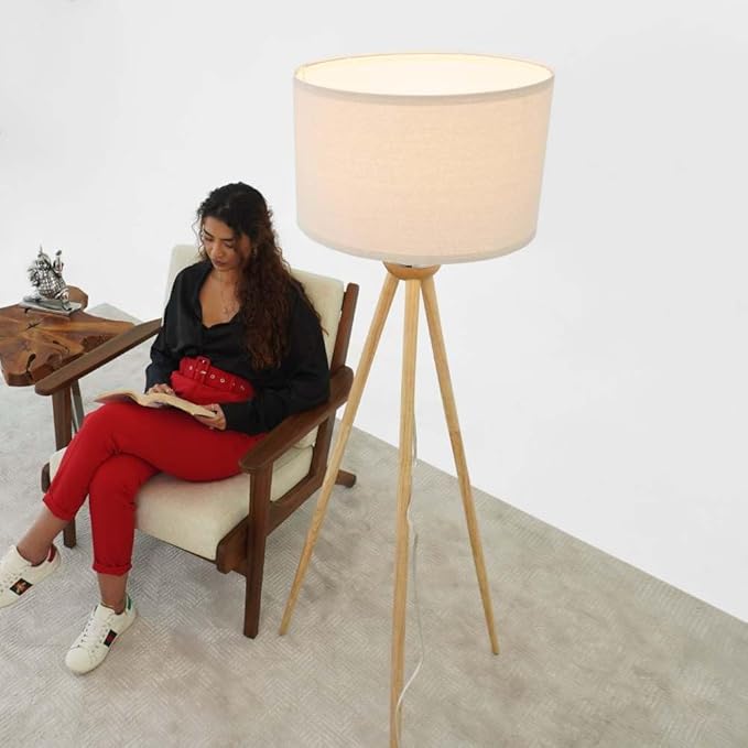 Floor Lamp with Off-White Fabric Lampshade, Nordic Standing lamp, Wood Tripod Floor Lamp for Living Room, Bedroom, Office, Study Room