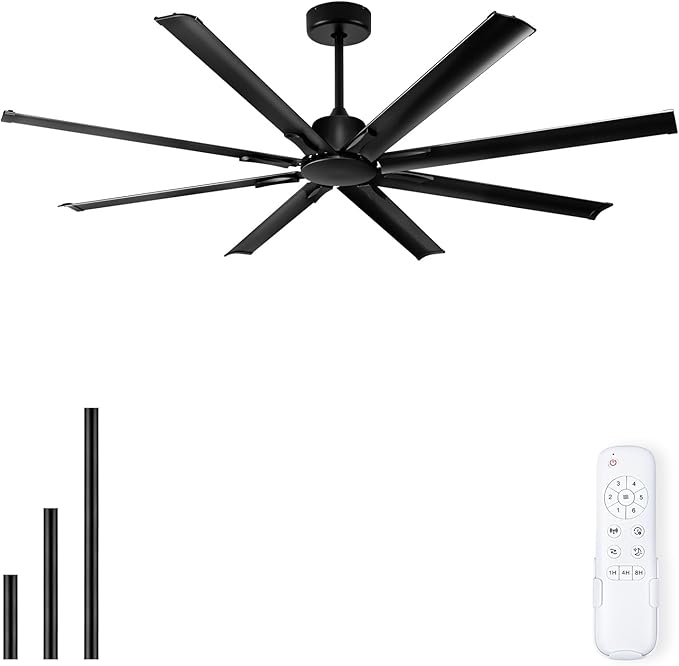72 Inch Black Ceiling Fan Without Light with 8 Aluminum Blades,Industrial Ceilin fan with Remote,6 Speed,Quiet DC Motor,Large Outdoor Indoor Ceiling Fan for Patio,Garage,Living Room