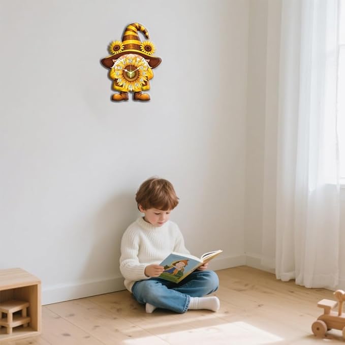 CHGCRAFT Sunflower Gnome Pattern Wall Clock 16.1 Inch Wood Grain Non-Ticking Irregular Shape Clocks Wall Hanging Clock Battery Operated for Bedroom Living Room Kitchen Office