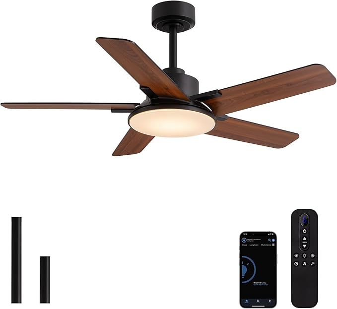 44 Inch Ceiling Fans with Lights and Remote Control, Modern Ceiling Fan with Dimmable LED, 6 Speeds, Timer, Quiet Reversible DC Motor, Black Ceiling Fan for Bedroom, Living Room and Kitchen