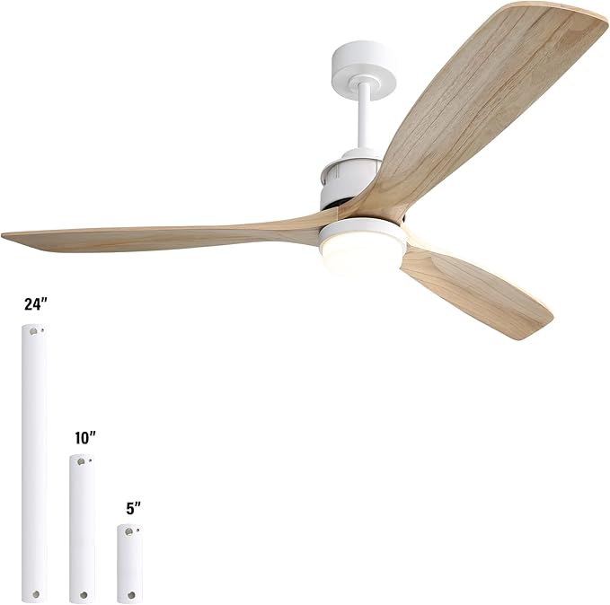 Sofucor 60 inch Ceiling Fan with Lights, Mordern Large LED Ceiling Fan with Remote, 3 Light Wood Blades and 3 White Downrods, for Indoor Living Room Bedroom Outdoor Patio Porch, Reversible DC Motor
