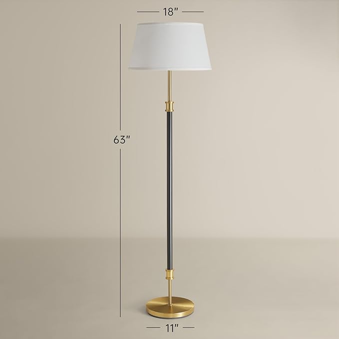 Modern Mid Century Floor Lamp with Soft Linen Shade, 63” Tall Black & Brass Standing Lamp, Weighted Base, Warm Ambient Light for Living Room, Bedroom & Reading Corners (Black & Gold)
