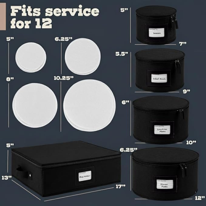 Hard Shell China Storage Containers 5-Piece Set Moving Boxes for Dinnerware, Glasses, Plates, Mugs and Saucers Sturdy Dish Organizer with Dividers for Seasonal Storage - Service for 12 - Black Quilted