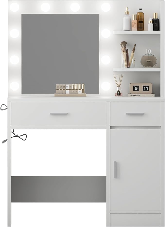 Lighted Makeup Vanity Desk, 35.4“W x 15.7'”D x 54“H, White (with Lights and Mirror, Dimming Function, 2 Drawers and 1 Cabiniet, Open Shelves) by Boahaus