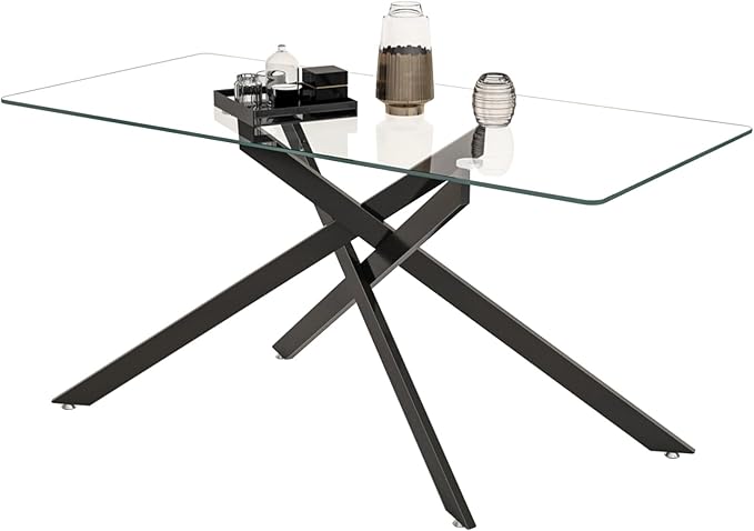 60" Glass Dining Table Modern Kitchen Table for 4-6 People, Contemporary Rectangular Dining Room Dinner Tables with Clear Glass Top & Black Metal X Legs for Kitchen Apartment