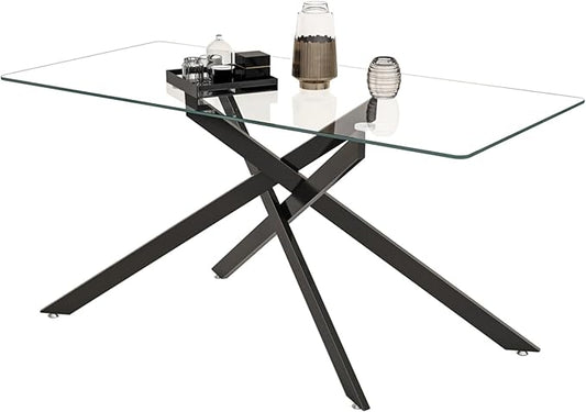 60" Glass Dining Table Modern Kitchen Table for 4-6 People, Contemporary Rectangular Dining Room Dinner Tables with Clear Glass Top & Black Metal X Legs for Kitchen Apartment