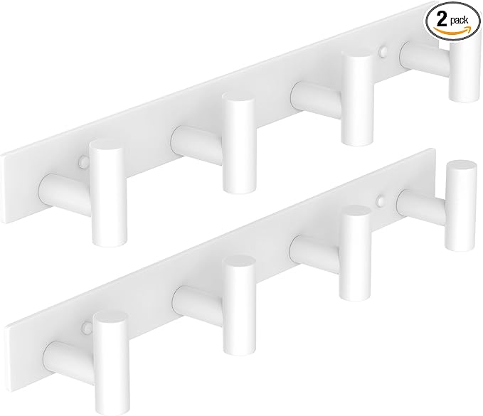 VAEHOLD Hat and Coat Wall Mount Rack - Hooks for Robes, Bags, Keys, and Towels - Bathroom Towel Hanger Organizer (White, “T“ Shape 4 Hooks 2 Pack)