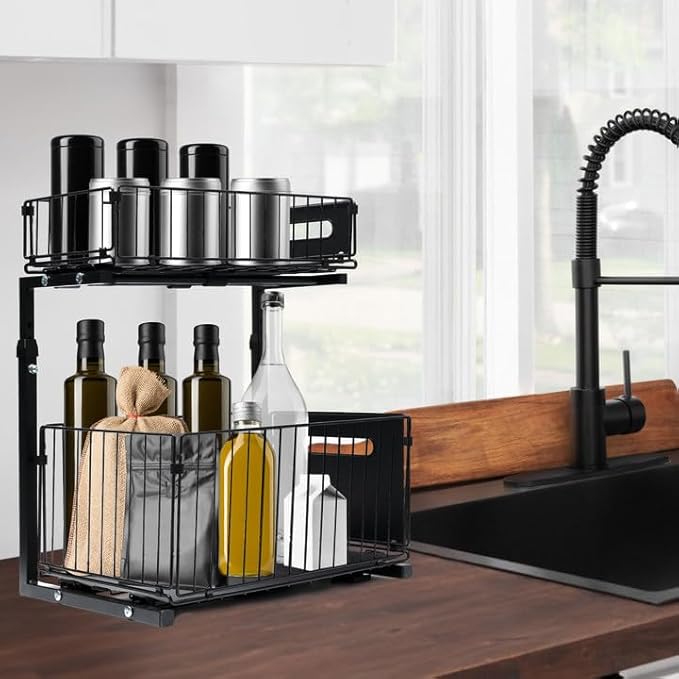 Under Sink Organizer, Multi-Purpose Sliding Cabinet Storage 2 Tier Sink Organizer, Adjustable Kitchen Organizers and Storage, Easy Install & Clean, Black
