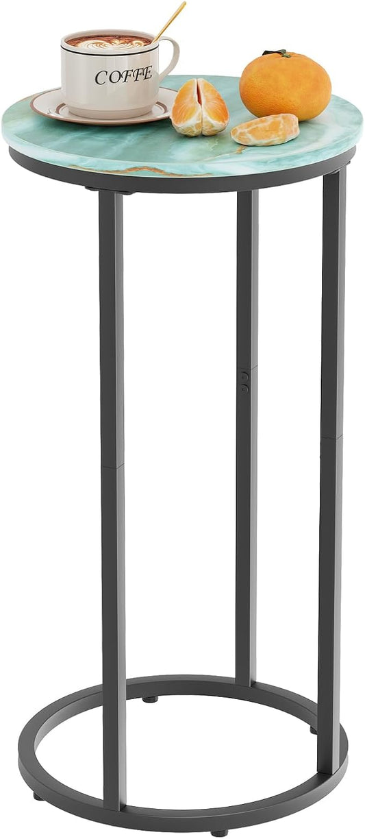 C Shaped end Table,Wood Round Side Table for Couch,Small Sofa Table with Metal Frame for Bedroom,Living Room,Bedside,Sea Blue(11.81" D x 11.81" W x 23.62" H)