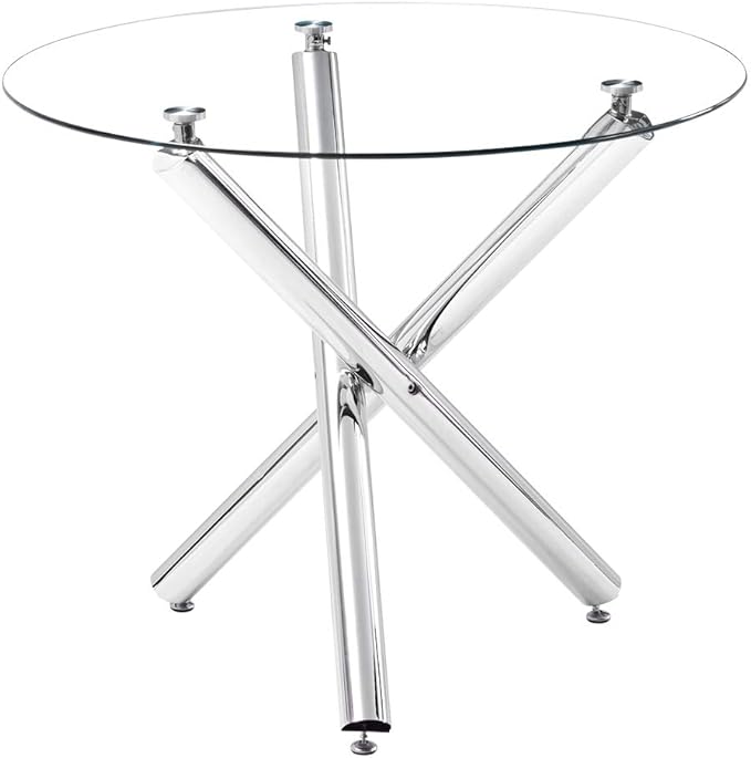 36" Round Dining Table for 4, Modern Clear Glass Kitchen Table for 4 with Silver Cross Metal Legs, Contemporary Small Circle Dining Room Leisure Tables for Kitchen Apartment