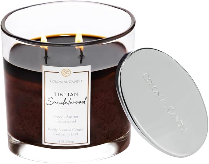 Colonial Candle Tibetan Sandalwood Scented Candle Jar, Highly Fragranced Candles for Home Scented, Mottled Wax Candle, 2 Wick, 8 oz - Made in The USA