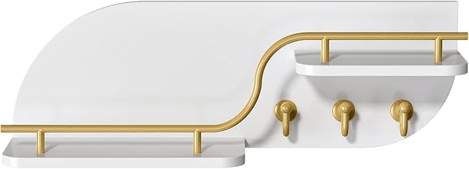 Key Holder for Wall, Decorative Key and Mail Organizer with 3 Metal Hooks and 2 Shelves, Wood Wall Mounted Key Rack for Entryway, White