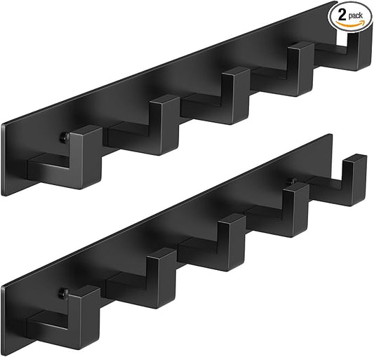 PMMASTO Coat Rack Wall Mount, Coat Hooks Wall Hooks for Hanging, Stainless Steel Coat Hanger Towel Hooks for Bathrooms, Hat Rack (Black 5 Hooks, 2 Pack)