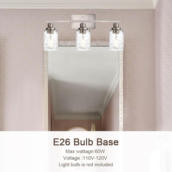MELUCEE 3-Light Bathroom Lights Modern Vanity Lights Brushed Nickel Finish with Hammered Glass Shade, Industrial Wall Light Fixture for Bedroom Living Room Kitchen (Patent No.: US D963914 S)