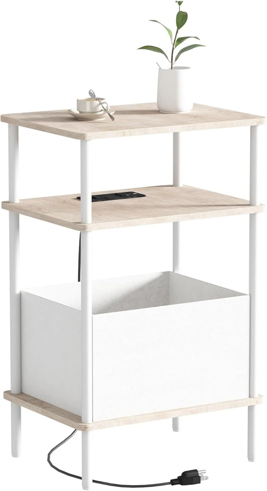 Small Side Table with Charging Station, End Table for Small Spaces, Slim Nightstand with Outlet,Sofa Beside Table, 3-Tier Storage Shelf,Living Room, Bed Room, Natrual Oak