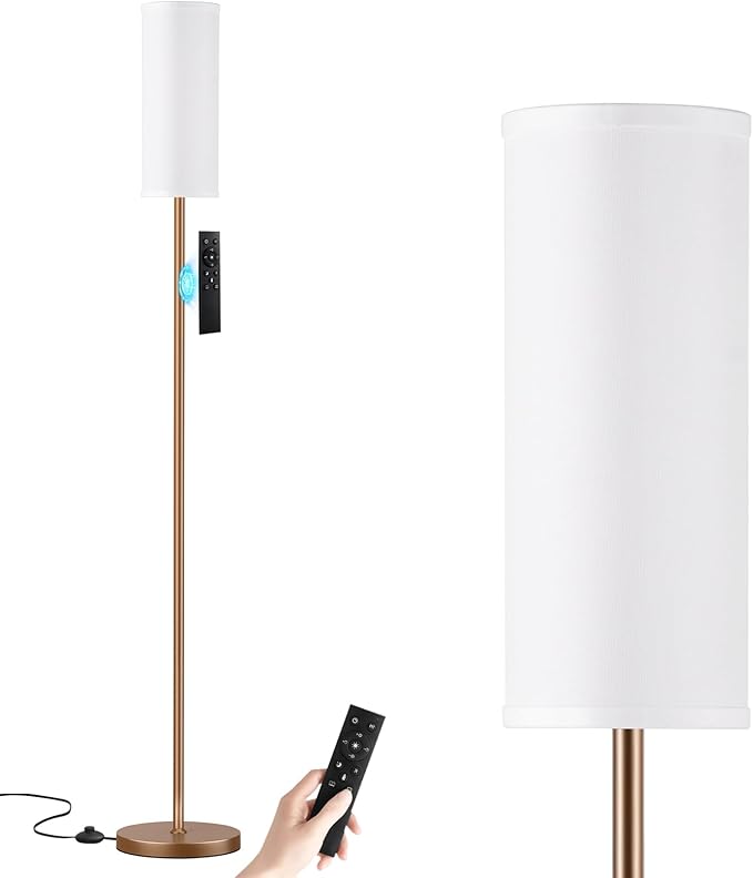 Ambimall 64'' Floor Lamps for Living Room with Remote Control and Stepless Dimmable Colors Temperature & Brightness, 9W Bulb Included(White Lampshade & Brown Pole)