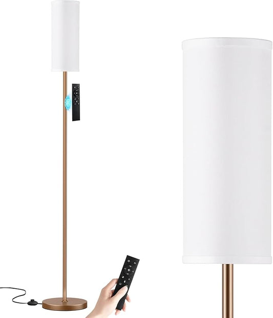 Ambimall 64'' Floor Lamps for Living Room with Remote Control and Stepless Dimmable Colors Temperature & Brightness, 9W Bulb Included(White Lampshade & Brown Pole)