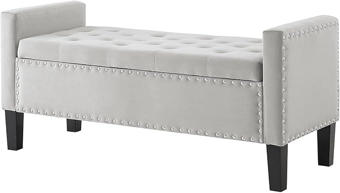 24KF Velvet Modern Upholstered Tufted Button Storage Bench with Arms for Bedroom,Entryway Living Room Soft Padded Seat -Gray