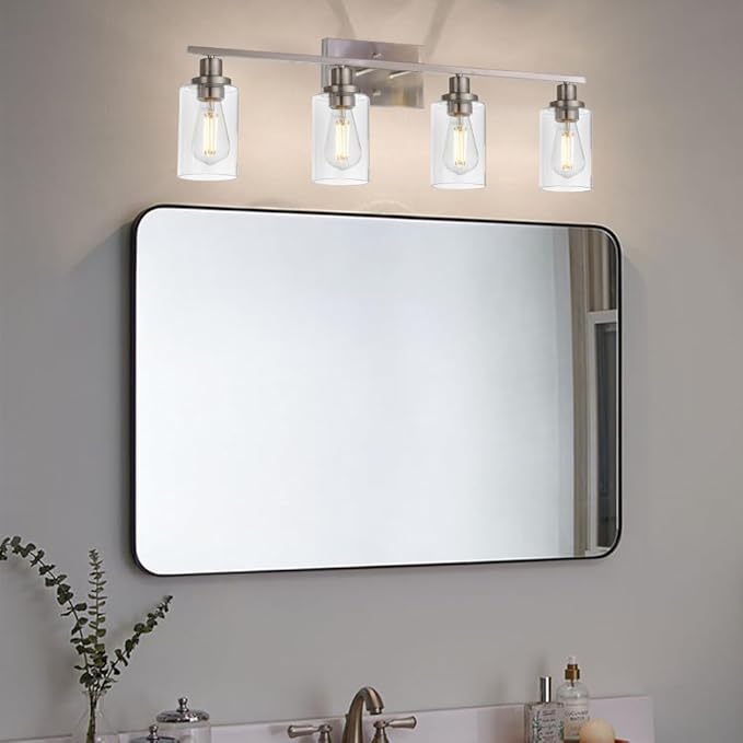 MELUCEE Bathroom Light Fixtures Brushed Nickel 4 Heads Modern Vanity Lights Wall Sconce with Clear Glass Shade for Hallway Kitchen Bedroom Living Room (Patent No.: US D963914 S)
