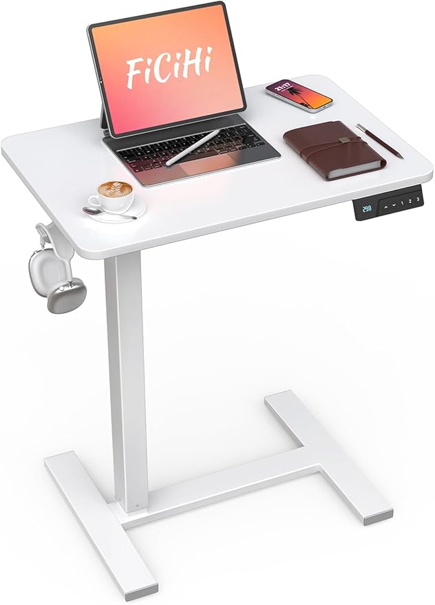 FiCiHi Small Electric Standing Desk - Adjustable Height Bedside Laptop Table with Wheels, Mobile, Portable Rolling Computer Workstation Sit Stand Table for Home Office, Sofa, Couch Use (24x16, White)