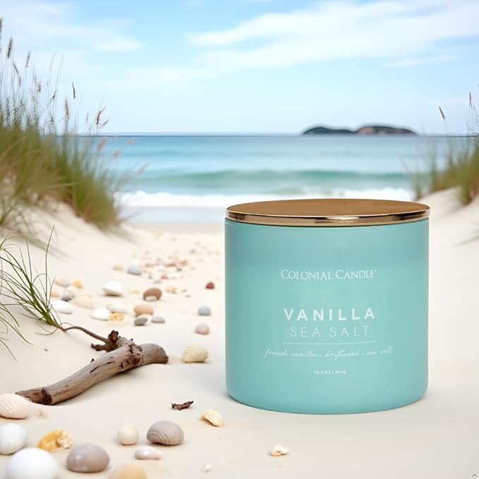 Colonial Candle Vanilla Sea Salt Scented Candle, Pop of Color Collection, 3 Wick, Blue, 14.5 oz - Up to 60 Hours Burn