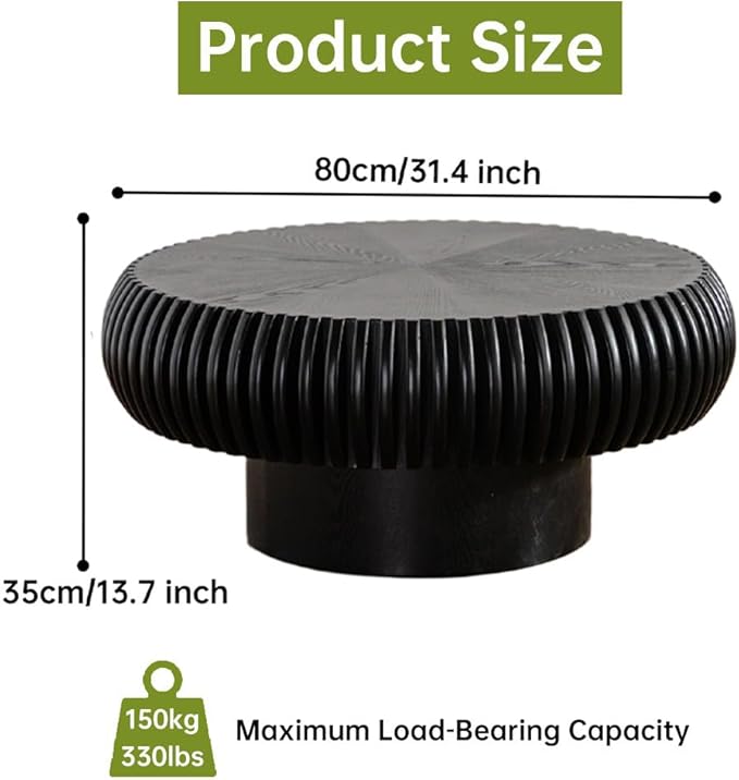 Black Round Coffee Table for Living Room Round Fluted Drum Coffee Table Modern Fluted Coffee Tables for Living Room (Black, 31.4 inch)