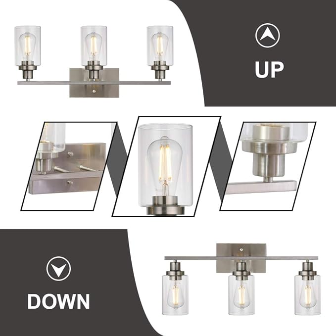 MELUCEE 3 Lights Wall Sconce Brushed Nickel Finished Modern Bathroom Vanity Light Fixtures with Clear Glass Shade Suit for Porch Bedroom Foyer Kitchen (Patent No.: US D963914 S)