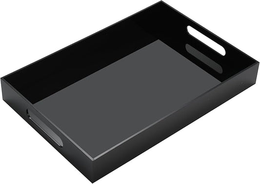 Glossy Black Acrylic Serving Tray with Handles-Butler Trays for Coffee Table, Snacks,Breakfast in Bed, Kitchen Countertop,Vanity,Makeup Organizer,Ottoman (Black, 10x15 Inches)