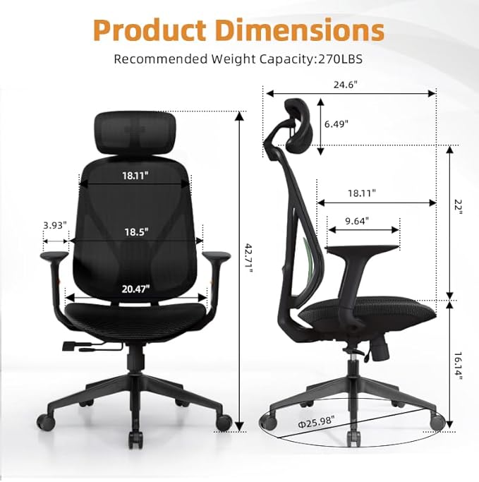 Mesh Office Chair – Ergonomic Office Chair with Lumbar Support, 3D Adjustable Headrest & Sliding Soft Seat Cushion – Holds Up to 270lbs (Black)