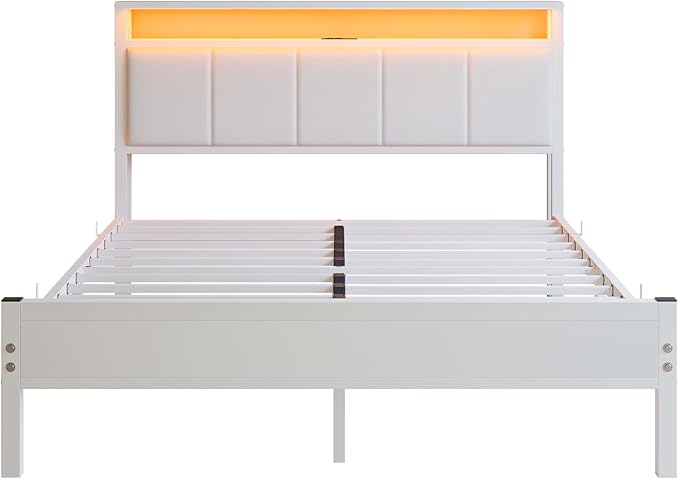 Queen Bed Frame with Headboard Storage,Upholstered Platform Bed Frame Queen Size with Charging Station and LED Lights No Box Spring Needed,Heavy Duty Steel Slats,Noise Free,White