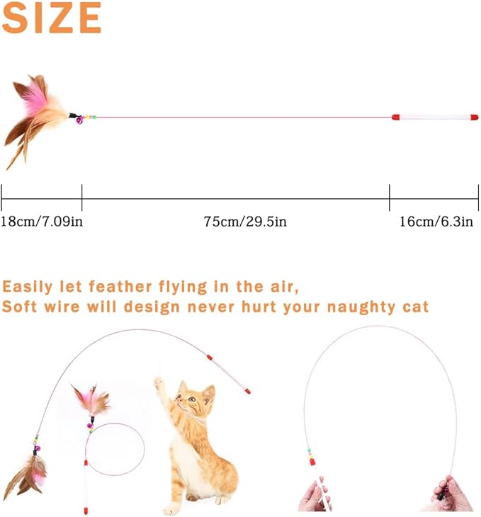 20 Pack Cat Feather Toy Wand, Interactive Pet Kitten Chaser Teaser Wire Wand with Bell Beads for Cat Exercise Play Fun Gifts - Wholesale