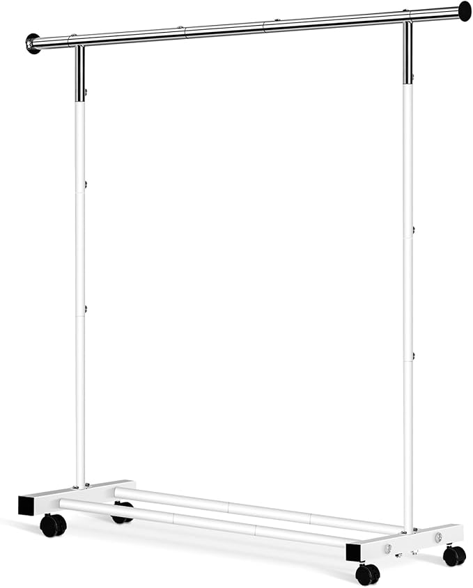 Clothing Rack, 55.51 Inch Heavy Duty Clothes Rack Rolling Garment Rack with Wheels and Bottom Shelf, 130LB Capacity Clothes Racks for Hanging Clothes, Coats, Shirts, Sweaters, Skirts, White