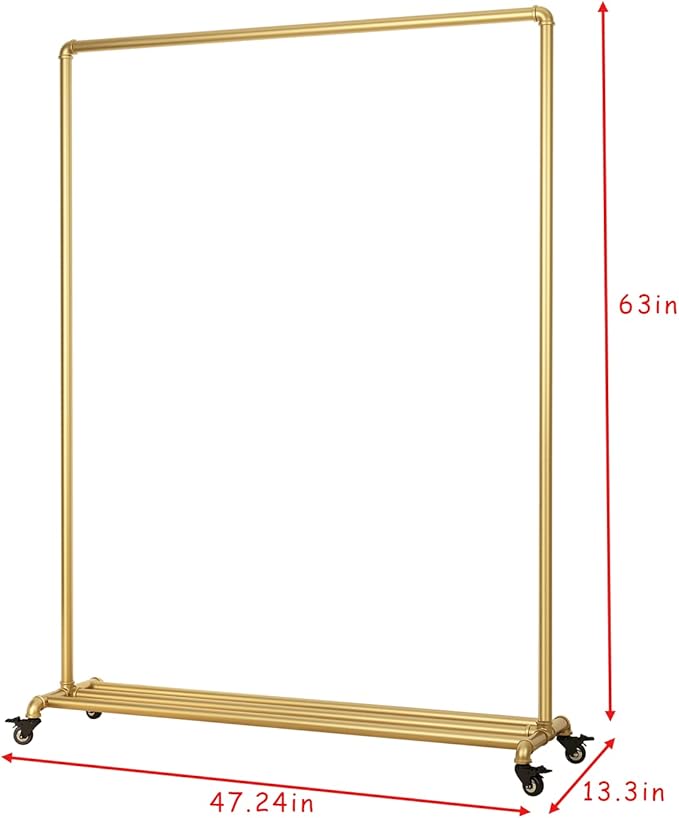Industrial Gold Clothing Racks on Wheels, Boutique Display Gold Clothes Rack with Shelf, Rolling Garment Rack for Retail Use