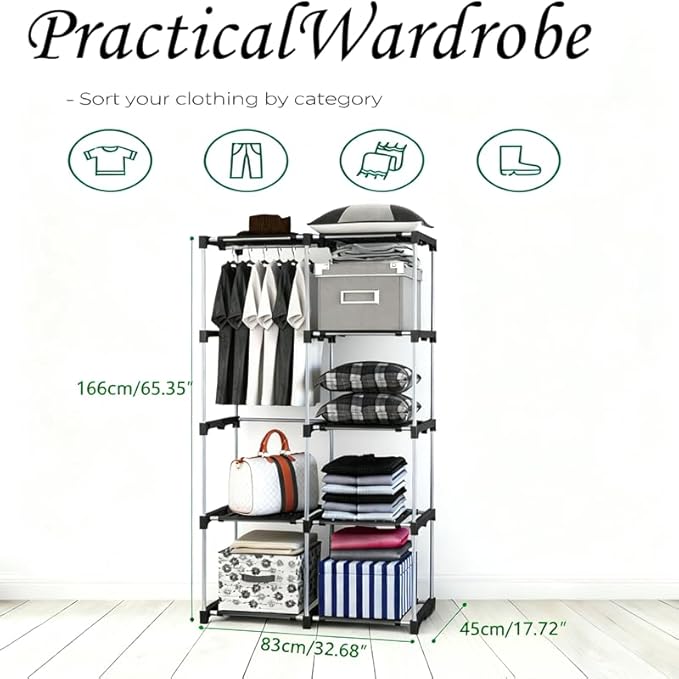 Portable Wardrobe, Clothes Organizer, Easy Hanger Wardrobe, Multiple Dividers and 3 Drawers, 6 Side Pockets Large Capacity (Durable Black)