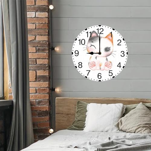 Wall Clock,Cat Licking Paw Kitchen Decor and Accessories, Decorative Battery Operated Clocks for Living Room Bedroom Bathroom Farmhouse 12 Inch