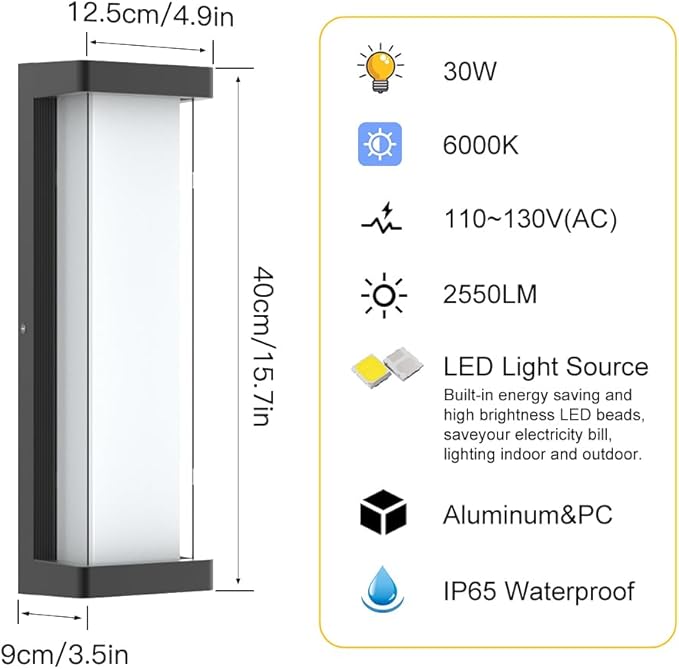 Sytmhoe 10%-100% Dimming LED Modern Outdoor Wall Light, 16in 6000K Dimmable Porch & Patio Wall Light Fixture,Black Aluminum&Dual PC Wall Lights Suitable for Garage Living Room Courtyard House(6000K)