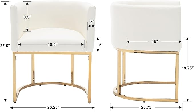 Faux Leather Dining Chair Modern Barrel Arm Chairs with Golden Metal Frame, Upholstered Kitchen Chairs 18.5" Wide Accent Chair for Living Room Dining Room Restaurant, White